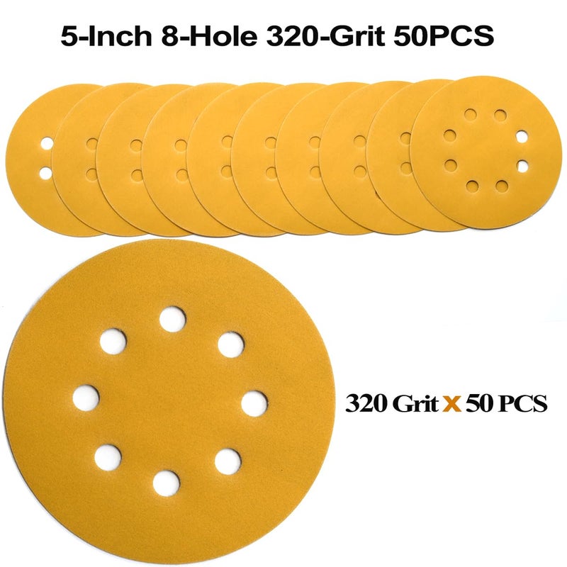 Aiyard 5-Inch 8-Hole Hook and Loop Sanding Discs 320-Grit Random Orbit Sandpaper, 50-Pack - Image 3